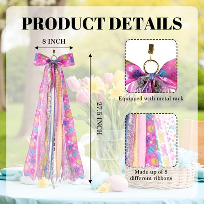 YKW Easter Bow for Door with 8 Ribbons, 27.5" Spring Wreath Sash Purple Lavender Floral, Ready to Hang Front Door Decoration Metal Clip, Home Farmhouse Party Decor
