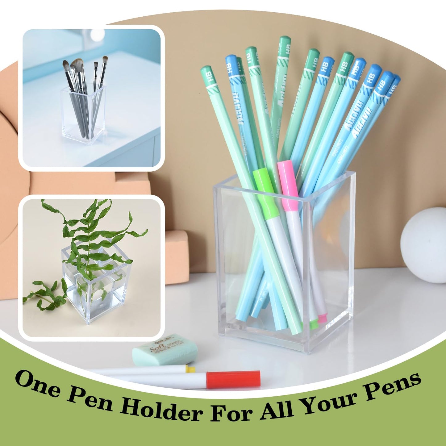 20 Pack Clear Acrylic Pen Holder for Desk, Pencil Cup Makeup Brush Organizer, Square Acrylic Pencil Holders for Office School Home Supplies, Desktop Stationery Organizer for Pens Markers Brushes