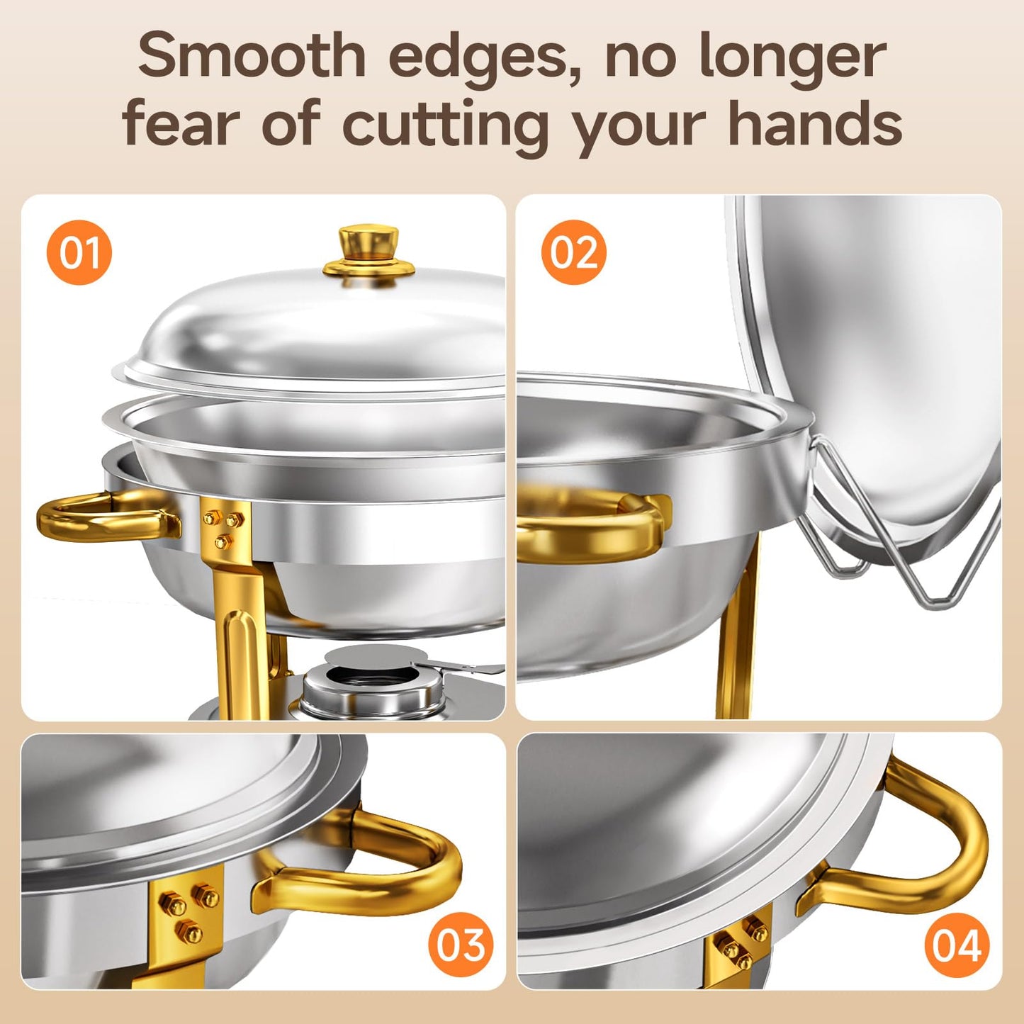 LEDLAY 6QT Stainless Steel Chafing Dishes for Buffet, Round Chafing Dish Buffet Set 4 Pack with Smooth Edge Lid, Food Warmers for Parties Buffet Golden & Silver