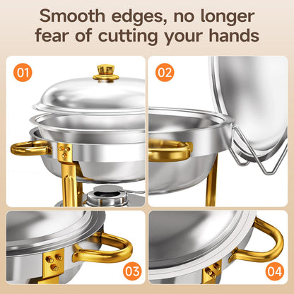 LEDLAY 6QT Stainless Steel Chafing Dishes for Buffet, Round Chafing Dish Buffet Set 4 Pack with Smooth Edge Lid, Food Warmers for Parties Buffet Golden & Silver