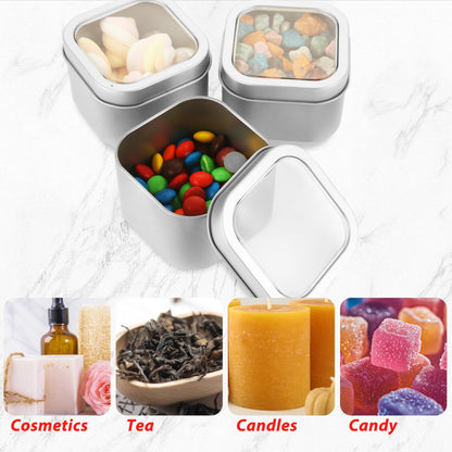 LDXDRU 20Pcs 8oz Metal Tin Cans, Square Empty Containers with Clear Top, Tin Containers With Lids for Candles Salve Cosmetic Candies Food Storage