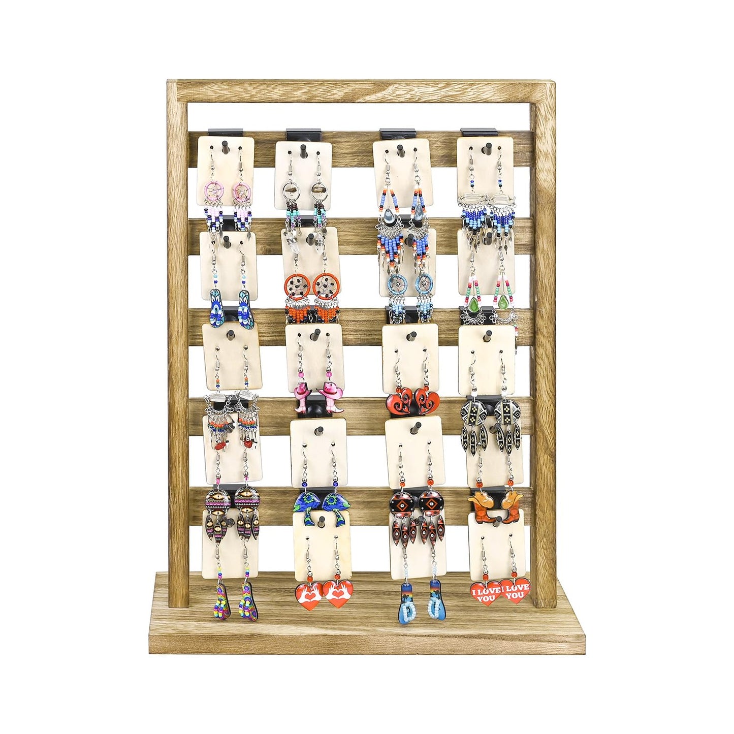 Ikee Design Wooden Jewelry Display Rack with 20 Removable Metal Hooks, Earring Card Display Holder Stand for Earring Cards, Necklaces, Bracelet, Keychain Stand, Oak Color