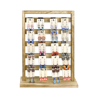 Ikee Design Wooden Jewelry Display Rack with 20 Removable Metal Hooks, Earring Card Display Holder Stand for Earring Cards, Necklaces, Bracelet, Keychain Stand, Oak Color