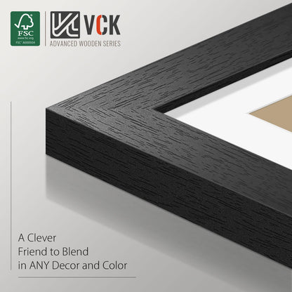 VCK 11x14 Picture Frame Set of 2 - Black, Textured Exclusive Wooden Frames with HD Glass, Display Photo 8x10 with Mat or 11x14 Without Mat
