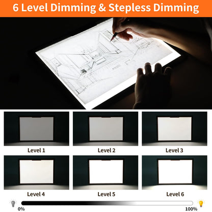 HIUKCOLED Rechargeable A4 Light Pad, Battery Powered Light Board with Top Clip＆Stand, Stepless Dimmable＆6-Level Brightness Adjustable, Wireless LED Tracing Box for Diamond Painting,Drawing,Sketching