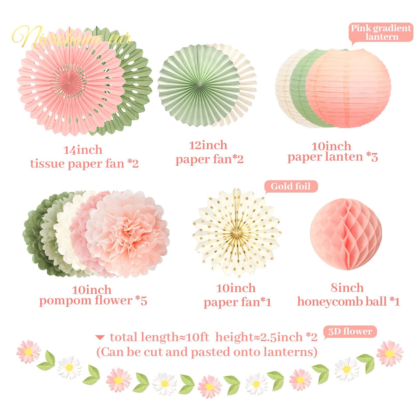NICROHOME EUR Wedding Decorations, 20 PCS Sage Green and Pink Tissue Pom Poms Paper Lanterns Paper Fans 3D Flower Garlands for Bridal Shower Baby Shower Women Girls Birthday Garden Party Decor