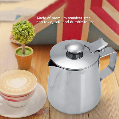 Milk Frothing Pitcher - Stainless Steel Coffee Cup Mug with Lid and Handle for Latte Art, Silver (1500ML)