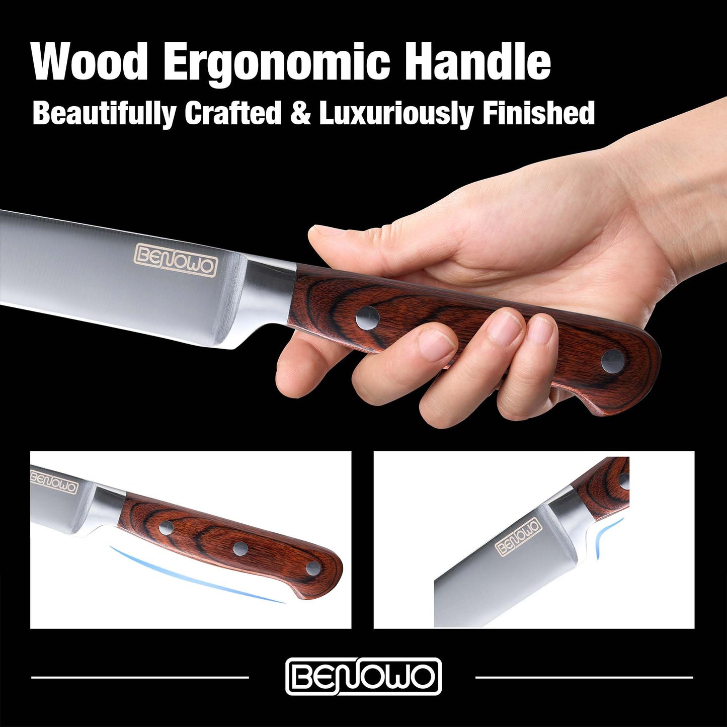 Benowo Carving Knife Set 2-Piece, 8-inch Turkey Carving Knife and Fork Set Stainless Steel Kitchen Knife for Steak, Hibachi Knife and Fork, BBQ Carving Fork with Gift Box – Designed in USA