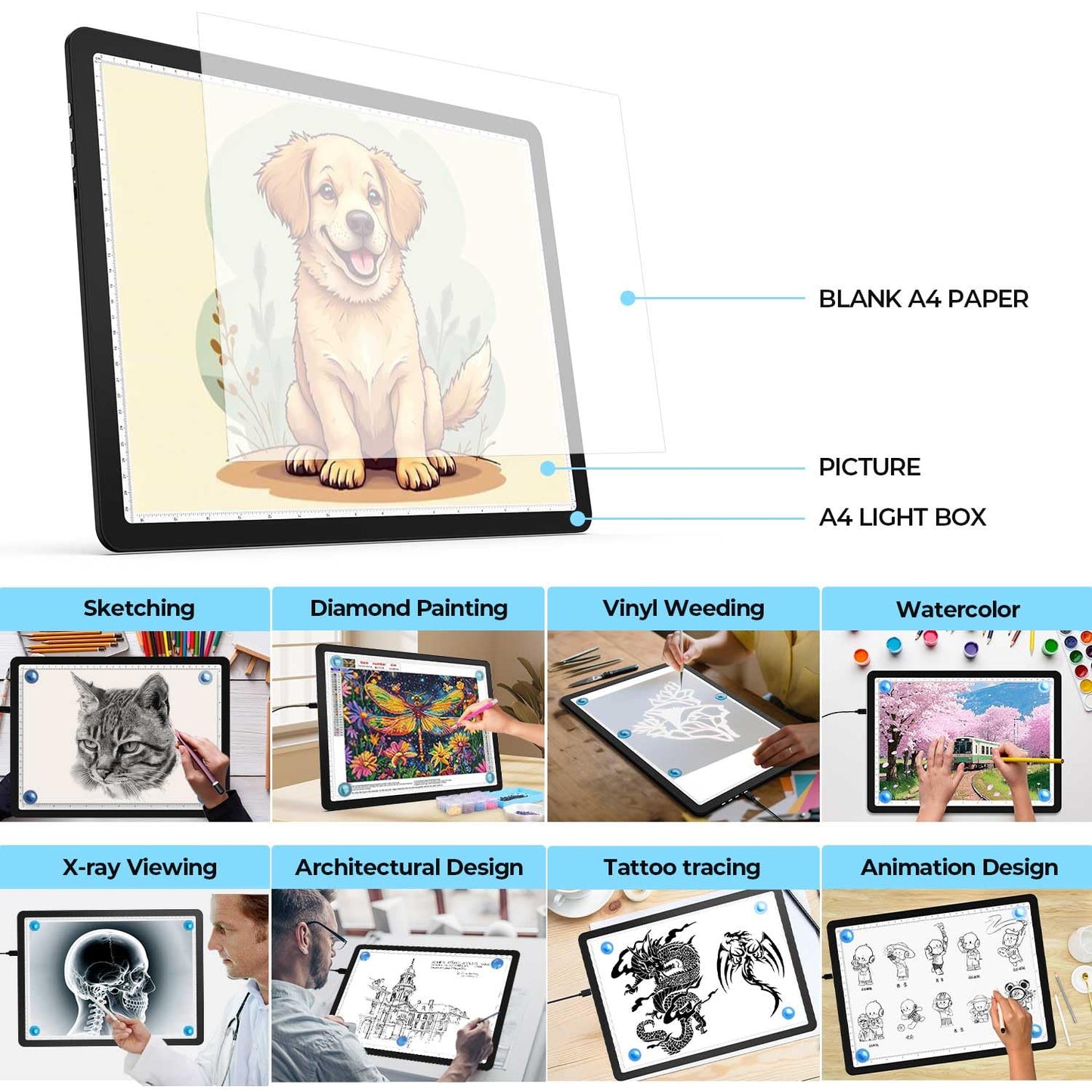 Heanolier A4 LED Copy Board Light Tracing Box,Super Bright Magnetic Light pad with Side physical Buttons,Adjustable Corded Light Table for Tattoo Transferring,Drawing, Light Board for Diamond Painting