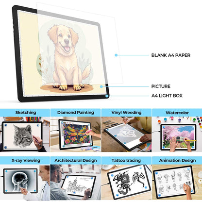 Heanolier A4 LED Copy Board Light Tracing Box,Super Bright Magnetic Light pad with Side physical Buttons,Adjustable Corded Light Table for Tattoo Transferring,Drawing, Light Board for Diamond Painting