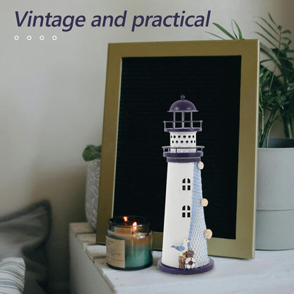 Ciieeo Lighthouse Candle Lantern, Iron Tealight Candle Holder Nautical Lighthouse Figurine for Coastal Table Decor