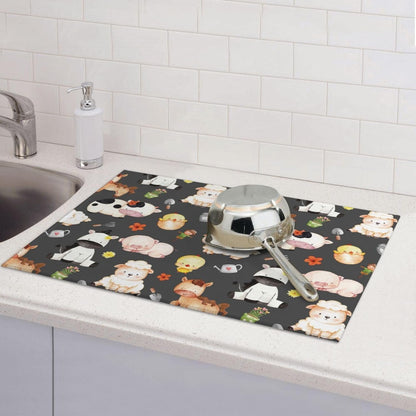 Farm Animal Dish Drying Mat for Kitchen Counter, Cute Microfiber Absorbent Reversible Drainer Rack Pad, 18 x 24 Inch