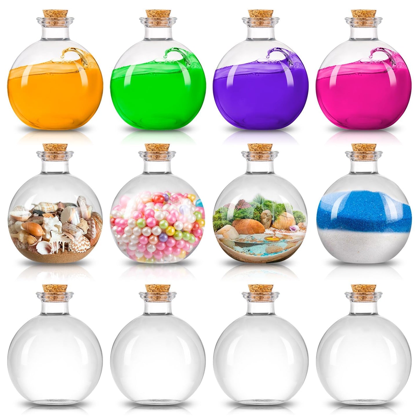 ALDMIO 12-Piece Set of Round Glass Bottles with Cork Lids, 7 oz Spherical Decorative Jars – Ideal for Halloween Potion Displays, Tiered Tray Decor, DIY Crafts, Wedding Favors, and Party Gift Applicati