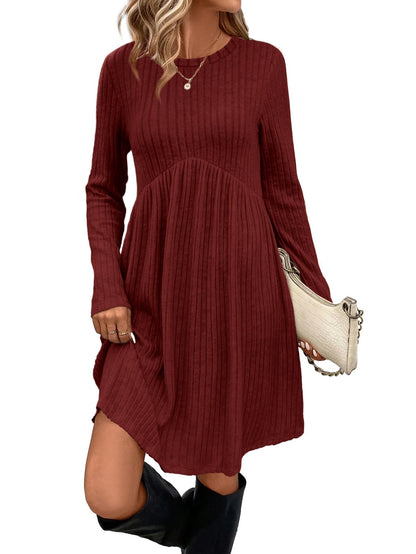 OFEEFAN Long Sleeve Dress for Women Crew Neck Empire Waist Tunic Dress with Pockets