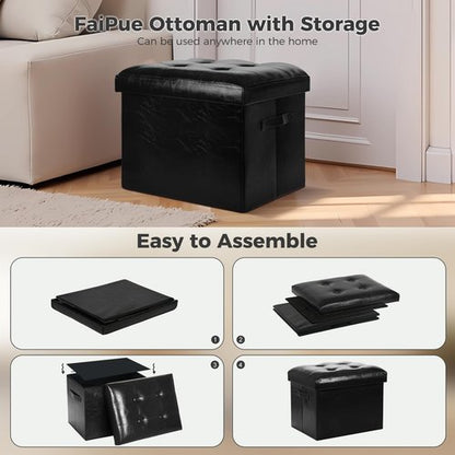 FaiPue Storage Ottoman Footrest Stool. Foldable Oil Waxed Leather Footstool with Thicker Foam Padded Seat. Small Ottoman with Storage Bench for Living Room Bedroom 350 lbs, 17x13x13in, Black.