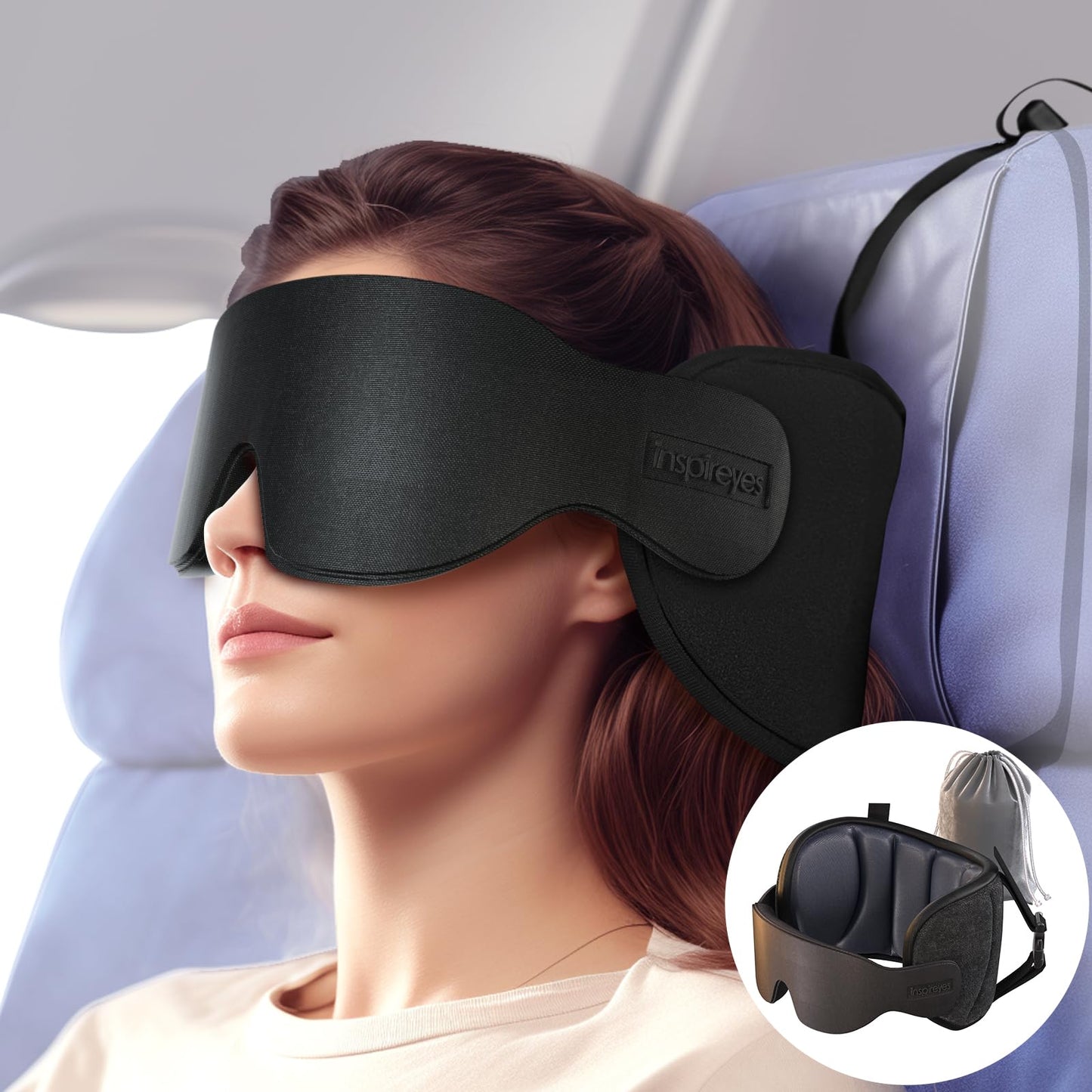 Inspireyes Travel Pillows for Airplanes, FSA HSA Eligible Approved Travel Accessories for Long Flight, Car Travel Pillow for Kids, Eye Mask for Sleeping Airplane, Light Black