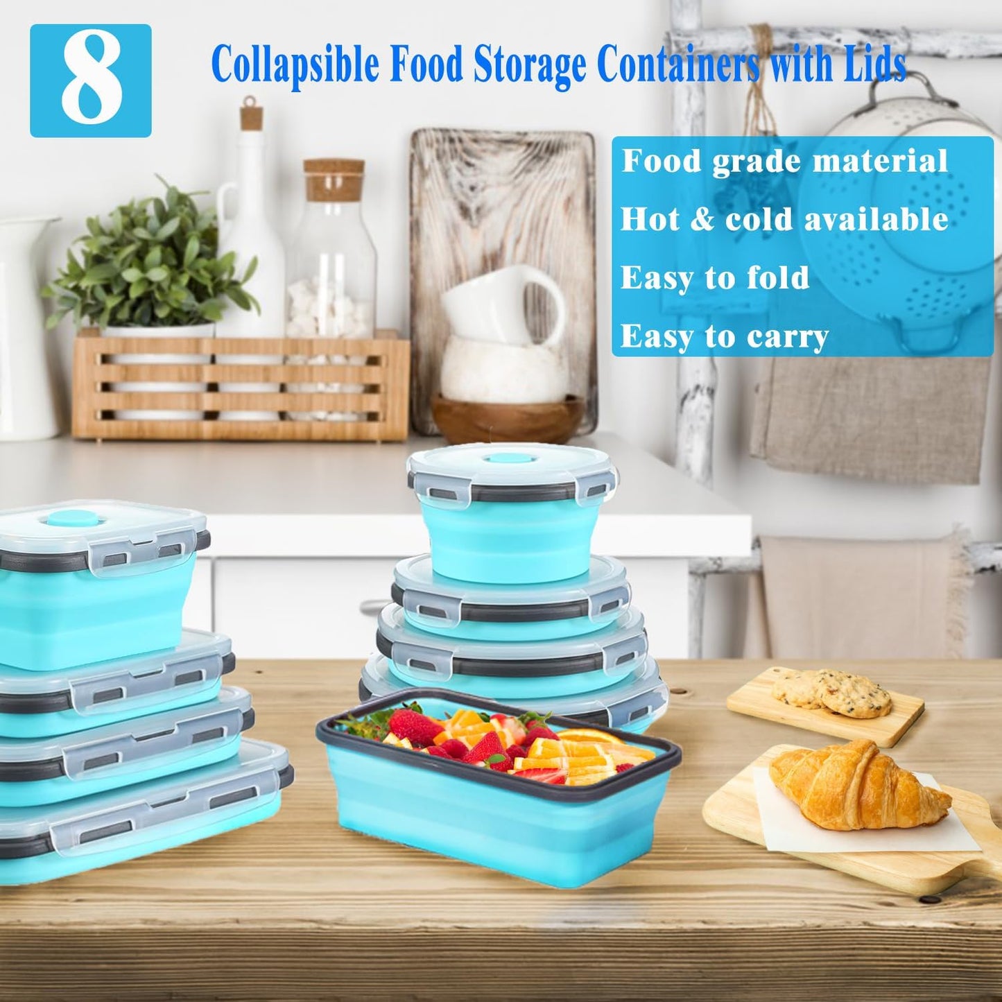 8 Collapsible Food Storage Containers With Lids, Rv Collapsible Bowls, Silicone Food Storage Containers, Camping Food Containers, Collapsible Containers for Food, Camping, Travel