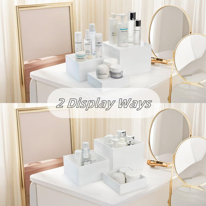 Hacaroa Set of 3 Acrylic Cube Riser Hollow Bottom, 6/7/8 Inch Small Glossy White Buffet Riser Food Display Stand, 5 Sides Cupcake Stand Nesting Display Box for Jewelry, Collectibles, Figures, 3 Sizes