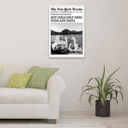 FBKDVC 24x36in Vintage Trendy Black And White Newspaper Print Poster Retro Times Canvas Wall Art Funky Hot Girls Eating