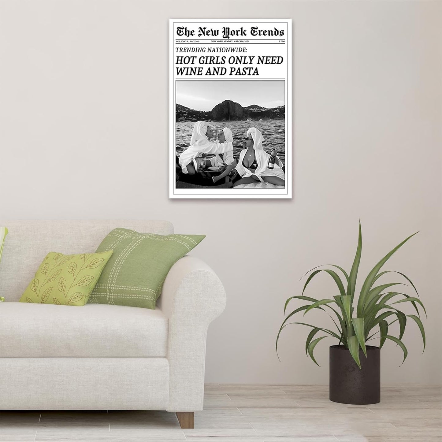FBKDVC 16x24in Vintage Trendy Black And White Newspaper Print Poster Retro Times Canvas Wall Art Funky Hot Girls Eating