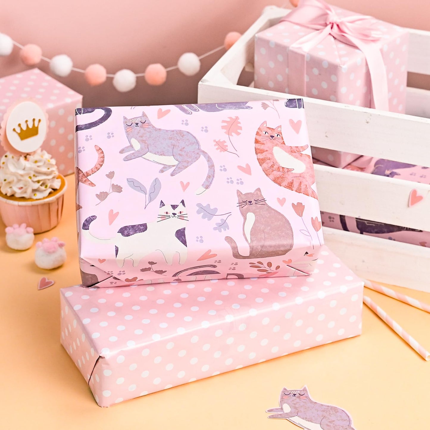 Burymento Reversible Cat Design Wrapping Paper Roll - Pink and white polka dot design on the other side, suitable for Valentine's Day, Birthday, Mother's Day, Wedding, Baby Shower