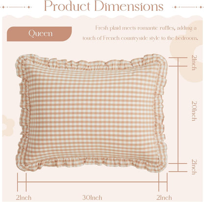 2 20x30 Inch, KKJIAF Pcs Plaid Ruffle Pillow Case Queen Size, Cotton Gingham Ruffled Euro Sham Pillow Covers Linen Feel