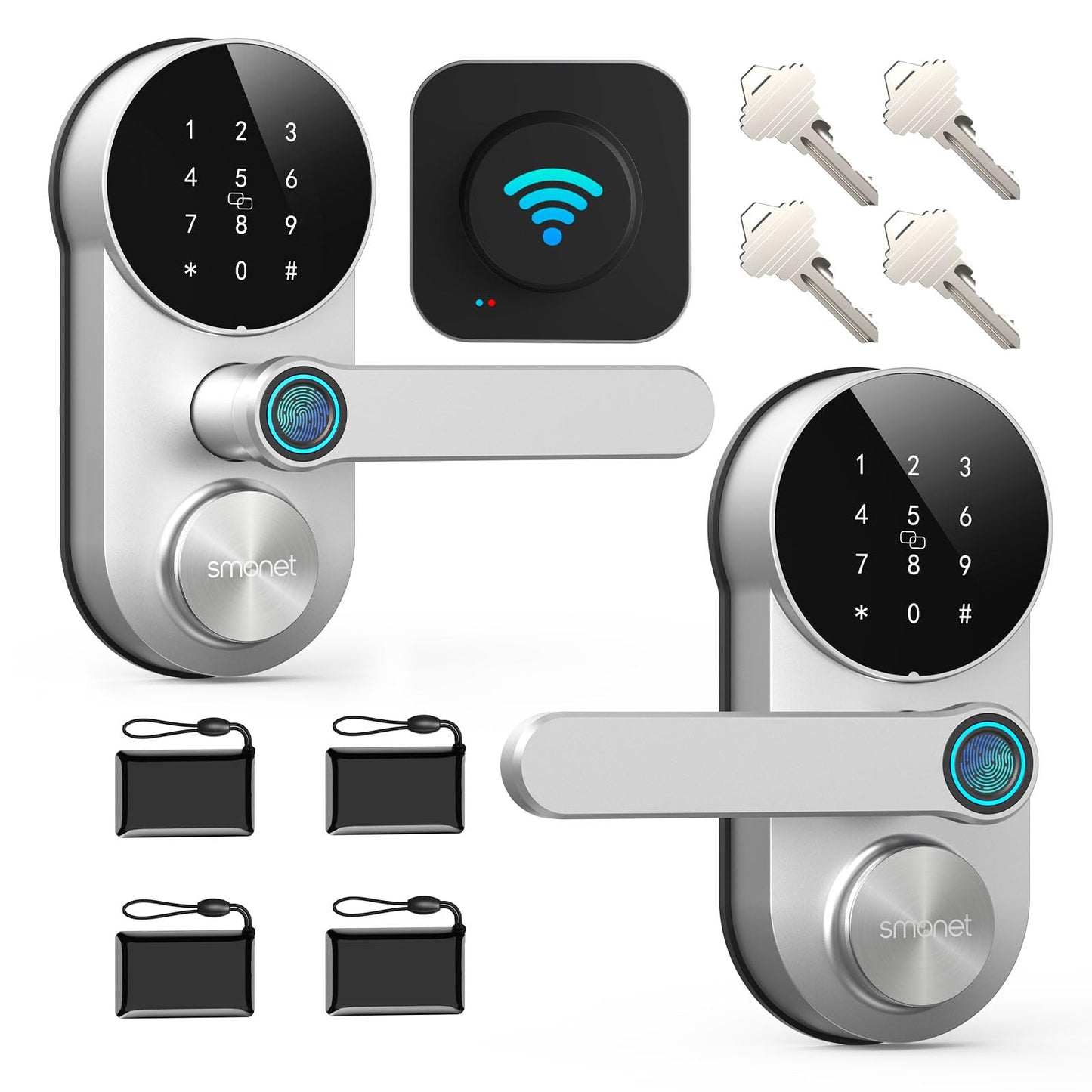 Smart WiFi Door Lock with Handle: SMONET Keyless Entry Lock with Fingerprint for Front Door Anti-peep Keypad Compatible with Alexa