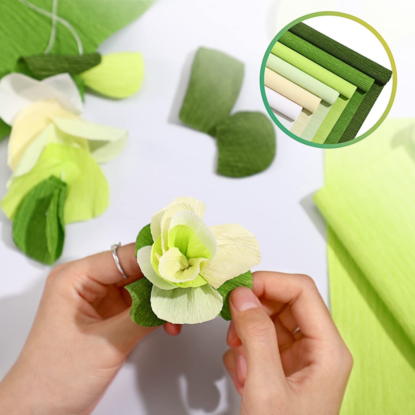 Gersoniel 57 Pcs Crepe Paper Flower DIY Kits 6 Rolls 35g Papel Crepe Sheets 50 Pcs Floral Iron Wire 10 Inch x 8 Feet 1 Roll 50 Meter for Birthday Party Wedding(Green Series)