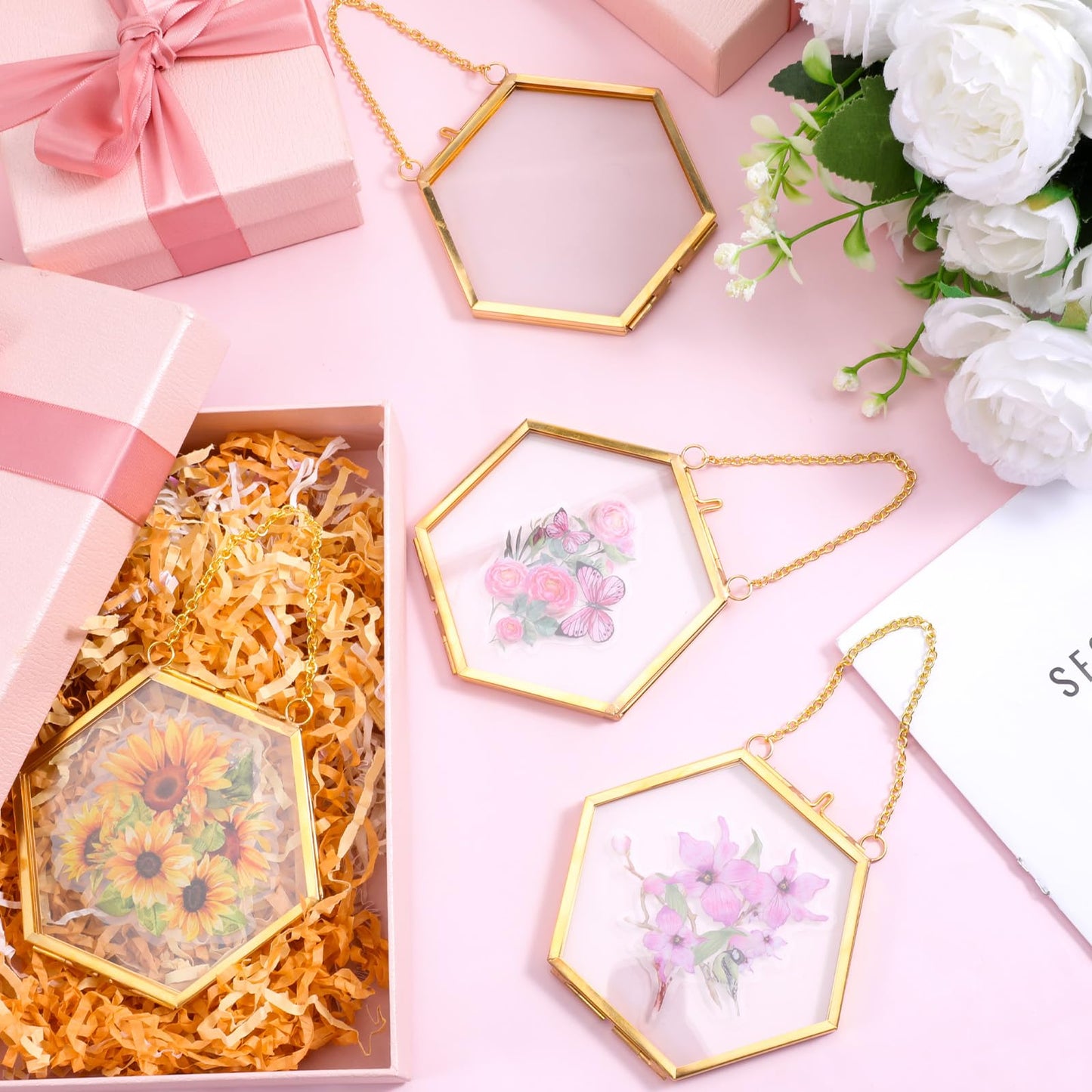 Yuanan 8 PCS Double Glass Frame for Pressed Flowers Handmade, 4 X 3 Inch Pressed Flower Frames with Metal Chain Brass Hanging Glass Frame for DIY Dried Flower, Art Display and Wall Decoration-Gold