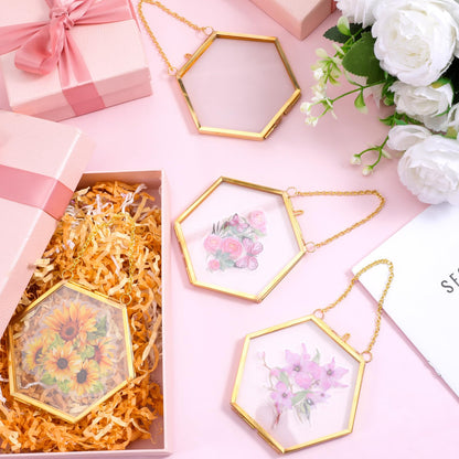 Yuanan 8 PCS Double Glass Frame for Pressed Flowers Handmade, 4 X 3 Inch Pressed Flower Frames with Metal Chain Brass Hanging Glass Frame for DIY Dried Flower, Art Display and Wall Decoration-Gold