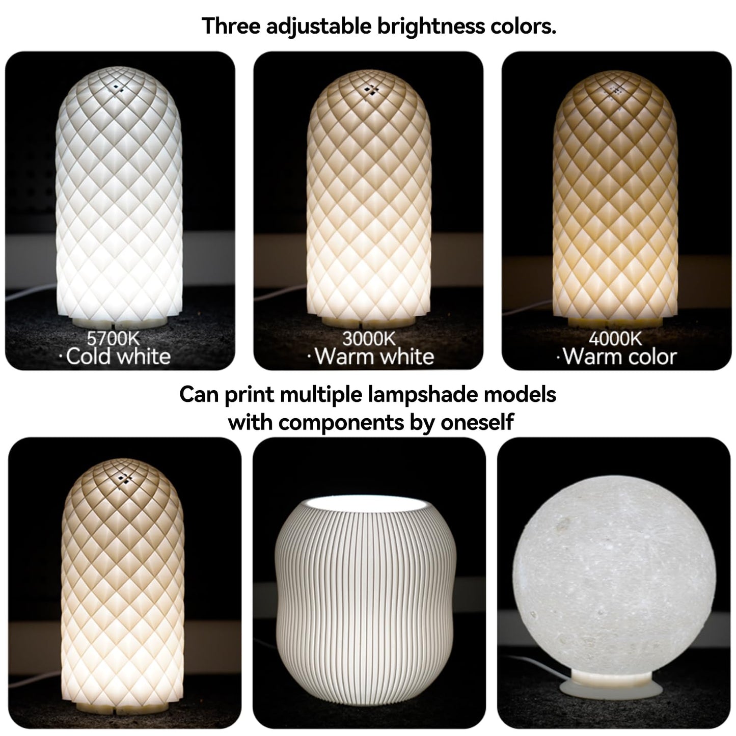 Cxydm led lamp kit 001 Compatible with Bambu Lap H2D/A1/A1mini/P1S/P1P/X1C Light kit, Three Colors with Power-Off Color Memory, Makerworld‘s 3D Printed DIY Light Models, 5V USB Powered, 2Pack+Charger