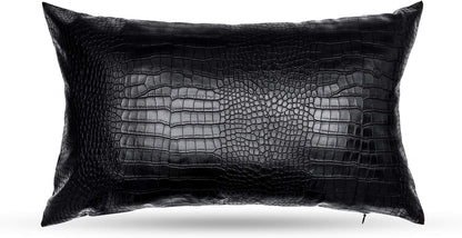 Black Crocodile Skin Faux Leather Pillow Cover, Decorative Modern Throw Cushion Case for Living Room & Bedroom, 12x20