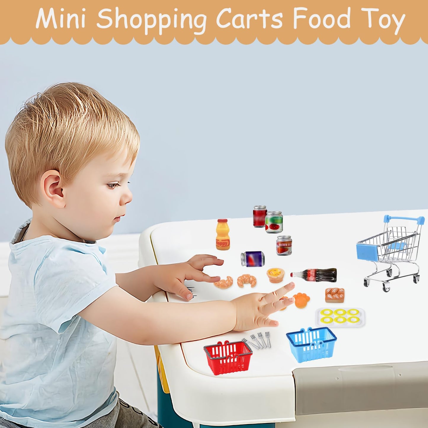 135Pcs Mini Shopping Cart Basket Miniature Food Drink Toy Supermarket Metal Handcart Dollar Bills Toys Dollhouse Store Grocery Accessories Kitchen Cosplay Play Game Party Model