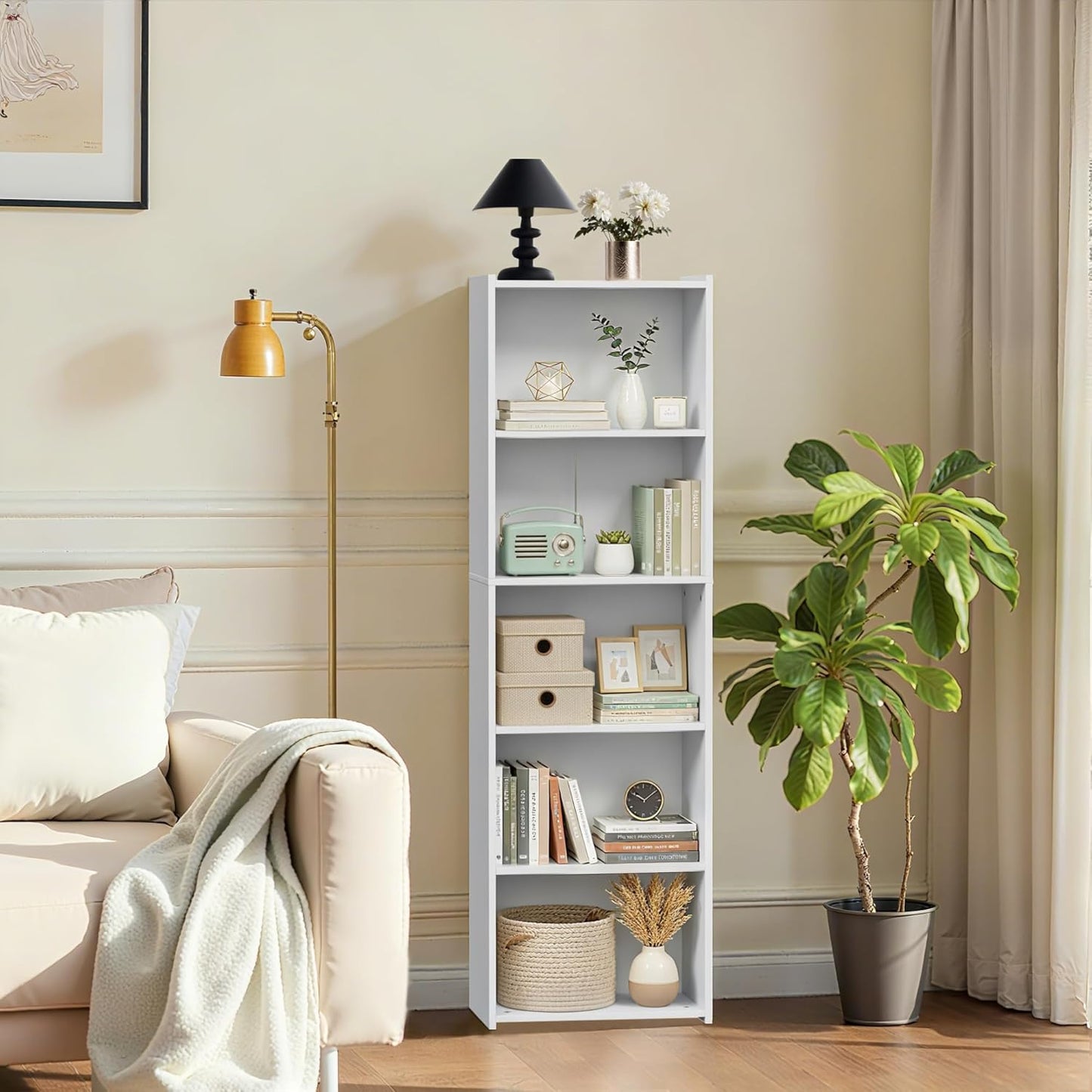 5-Tier ZENY Shelf Bookcase, Freestanding Wood Storage Display Open Bookshelf for Home Office, White