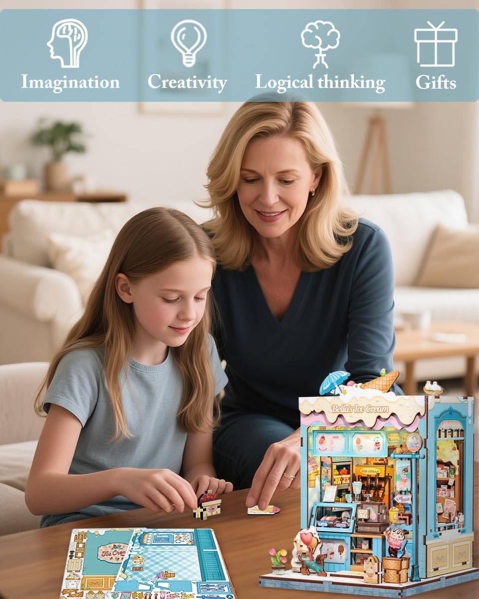 Cutefun Book Nook Kit - DIY Miniature Dollhouse Kit for Adults and Teens, 3D Wooden Puzzle Bookshelf Insert Decor with LED Light, Gifts for Book Lovers and Beginners (Bella's Ice Cream)