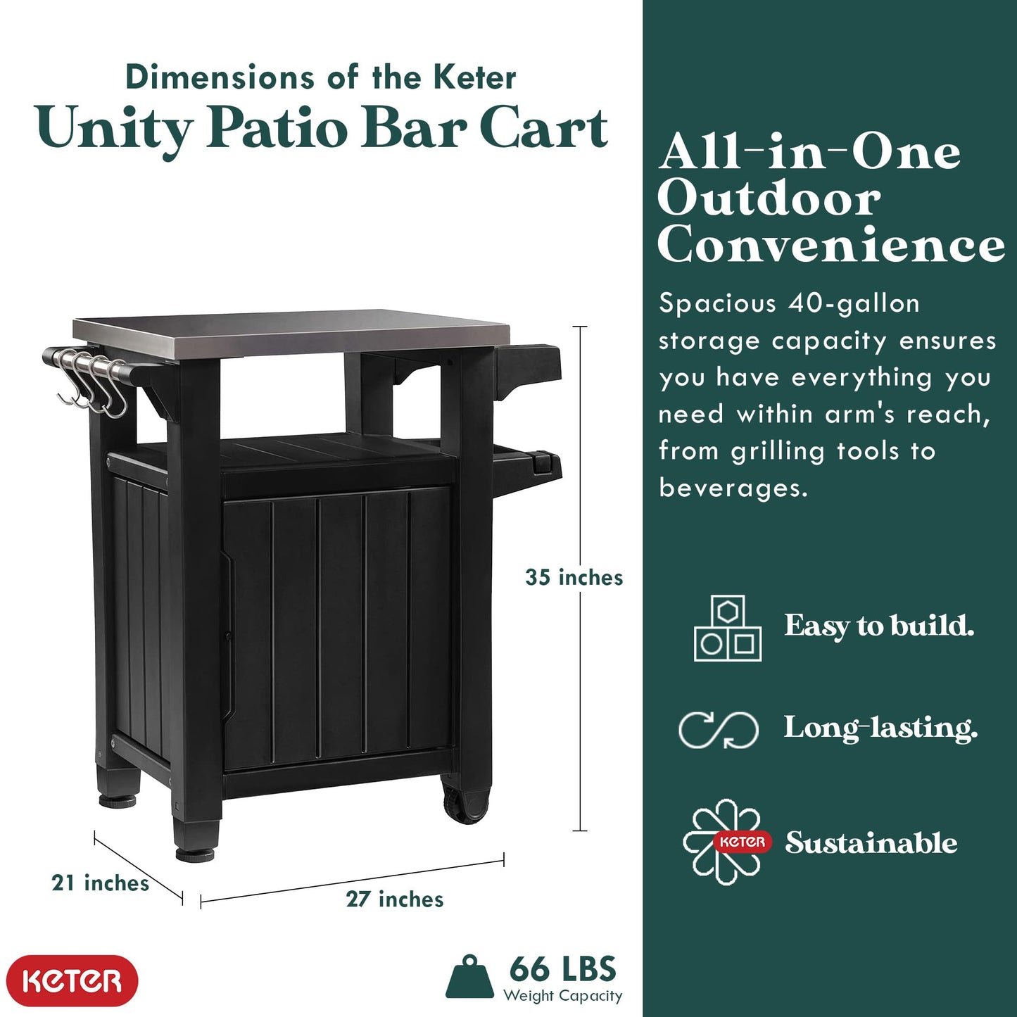 Keter Unity 40 Gallon Stainless Steel Top Patio Storage Grilling Bar Cart and Unity XL Outdoor Kitchen Rolling Bar Cart with Storage Cabinet, Brown