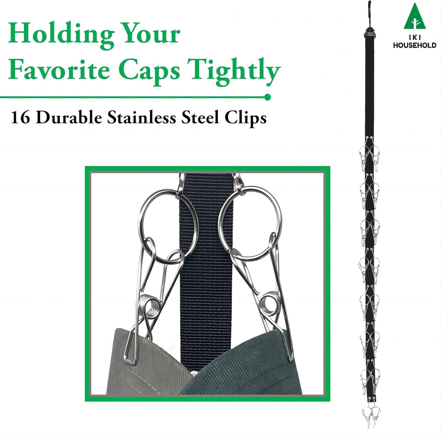 IKI Hat Organizer for Baseball Caps - 2 Pack Holder with 16 Premium Clips, Easy Storage Racks and Wall Mount, Black