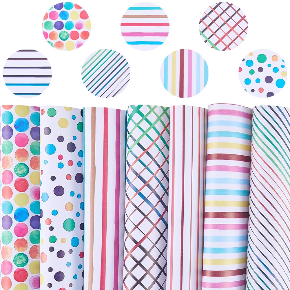 CALFOVERA 7PCS 12.99 x 7.9 Inch PU Leather Polka Dots Printed Texture Faux Leather Stripe Rainbow Sheets Colorful Geometric Leatherette Fabric Synthetic Vinyl Roll for Earrings DIY Crafts Making