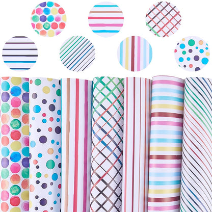 CALFOVERA 7PCS 12.99 x 7.9 Inch PU Leather Polka Dots Printed Texture Faux Leather Stripe Rainbow Sheets Colorful Geometric Leatherette Fabric Synthetic Vinyl Roll for Earrings DIY Crafts Making