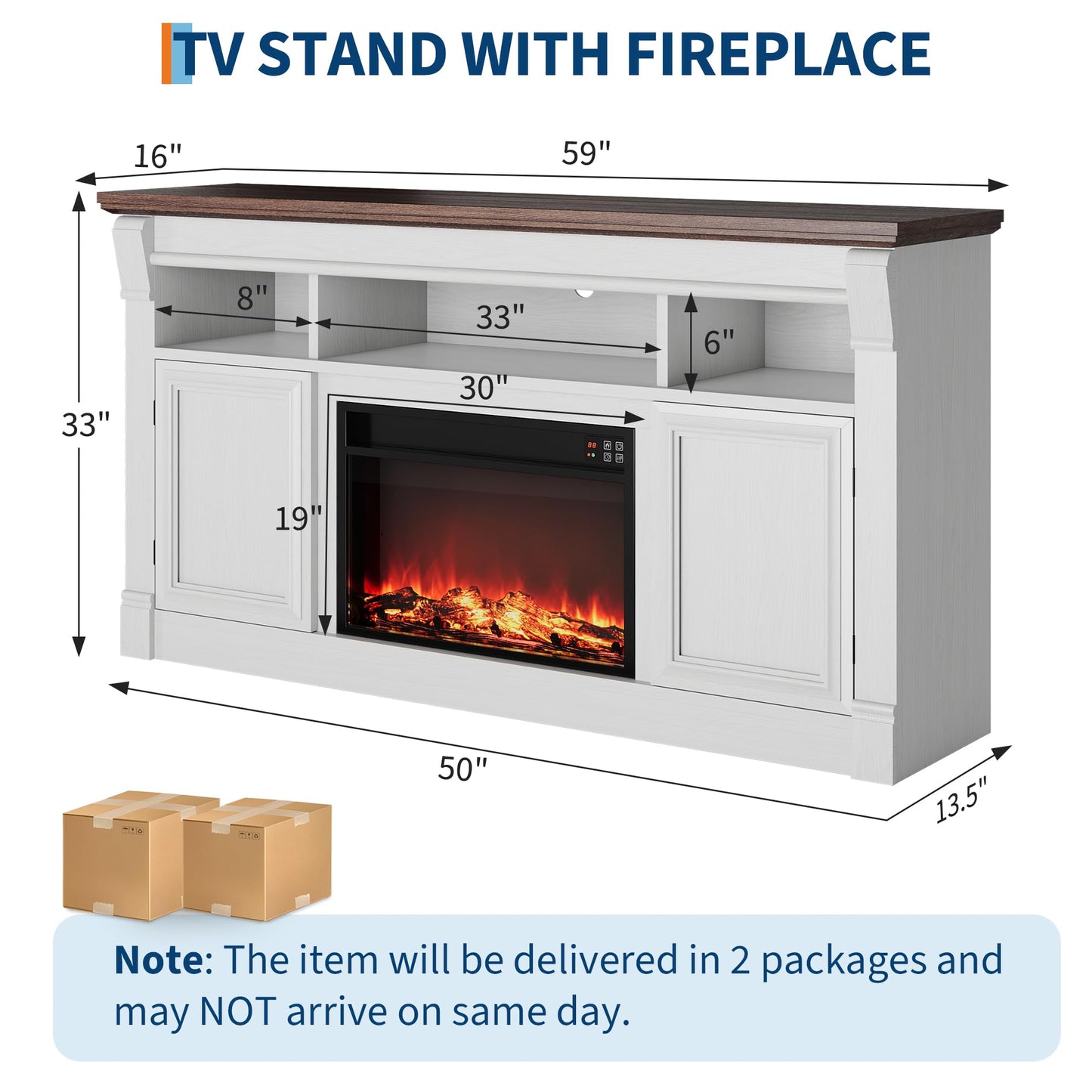 GAOMON 58 Inch Fireplace TV Stand, Wooden Entertainment Center with 36 Inch Electric Fireplace, 3D Realistic Flame, Farmhouse Media Console with Storage Cabinets for Living Room, Gray