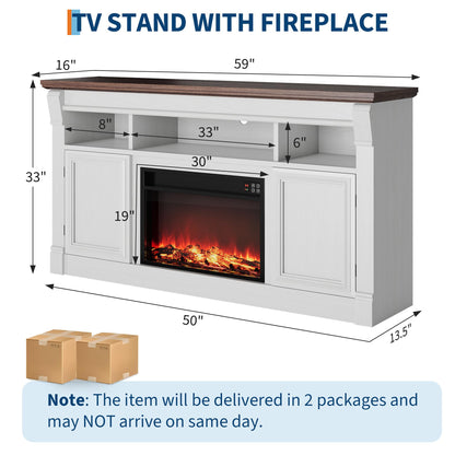 GAOMON 58 Inch Fireplace TV Stand, Wooden Entertainment Center with 36 Inch Electric Fireplace, 3D Realistic Flame, Farmhouse Media Console with Storage Cabinets for Living Room, Gray