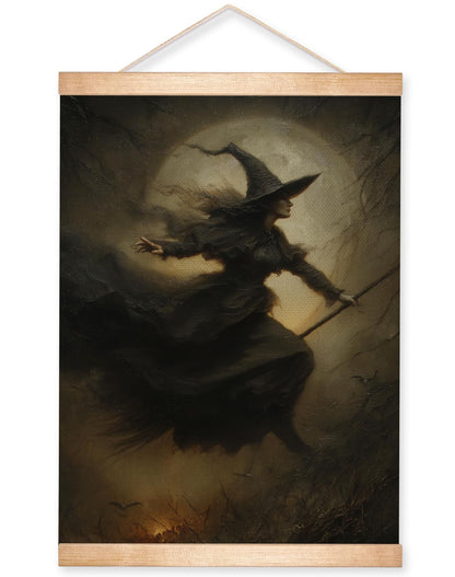 HEYJEEPER Witch Wall Art Decor,18x14inch Gothic Witch Flying on Broomstick Linen Posters, Dark Academia Moon Artwork, Spooky Wall Hanging Decor for Bedroom,Living Room,or Witch Room Decor (A Witch)