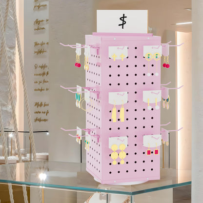 VACONICO Rotating Pegboard Display Stand with 24 Hooks, Tabletop Metal Peg Board Organizer for Craft Shows, Retail Stores, Vendors & Artists – 4-Sided Spinning Rack (Pink)