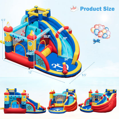 OLAKIDS Inflatable Water Slides, Nautical Themed Bouncy House with Slide, Splash Pool, Climbing Wall, Water Gun, Outdoor Jumping Castle with Hose, Carry Bag, Repairing Kit, Stakes