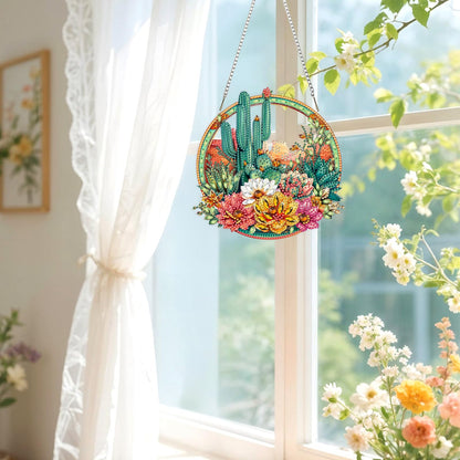 Lxmsja DIY Cactus Garden Diamond Painting Hanging Ornament, Double-Sided Acrylic Desert Flowers Diamond Art Kit, Special Shaped Suncatcher Hanging Pendant Window Art Kit