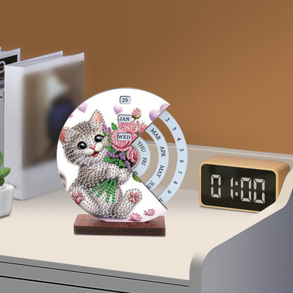 AiYuanzsh 3D Diamond Art Tabletop Perpetual Calendar Kit, DIY Wooden Desktop Ornament with Cute Cat Design, Sparkling Diamond Painting Desk Decoration Gift for Home & Office