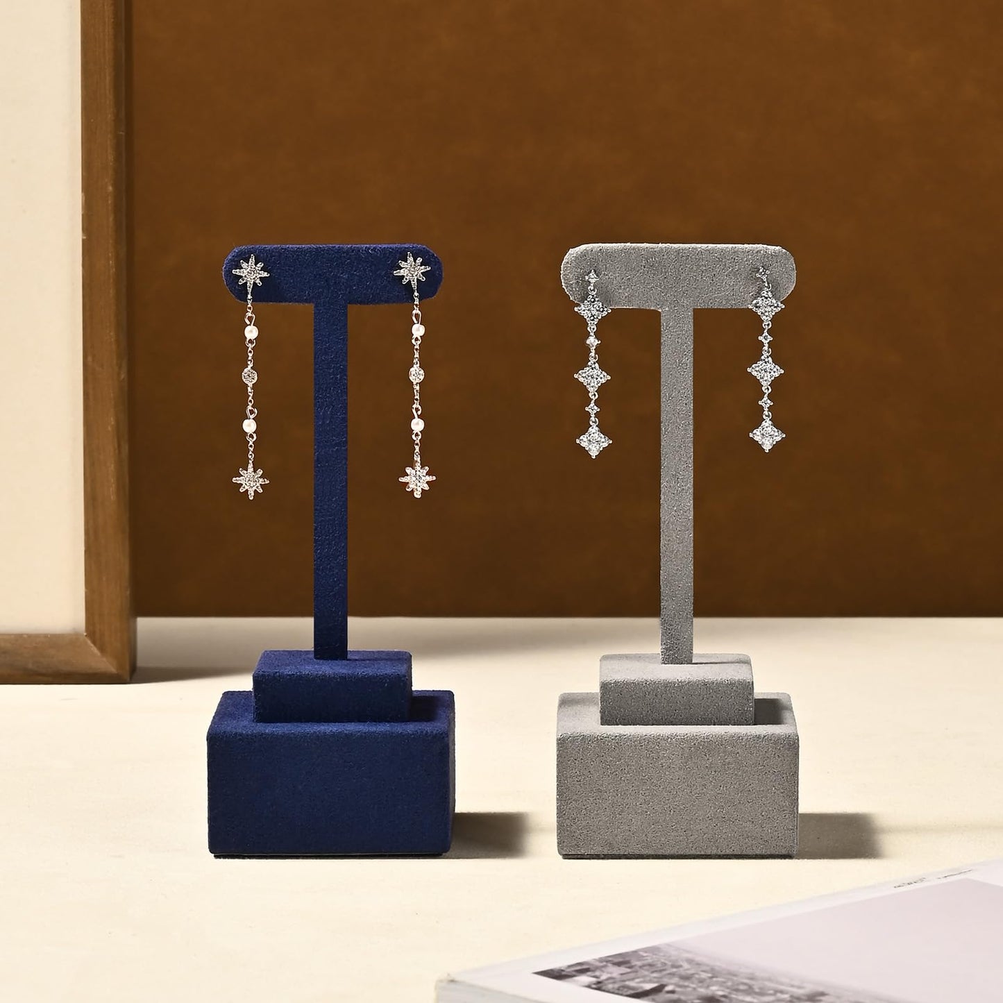 Woodten Microfiber T-Bar Earring Display Stand Compact Jewelry Earrings Holder for Jewelry Stores, Exhibits(Blue)