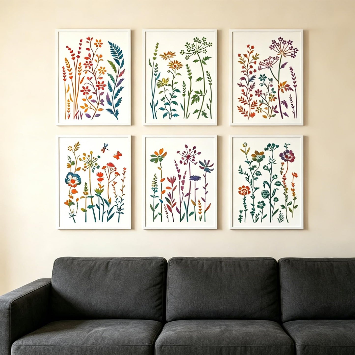 UpChoNice 6 PCS Stencils for Crafts Reusable, Large Wildflower Wall Stencil Set, Modular Floral Painting Templates for Walls, Wood, Furniture, Fabric, Easy-Clean Art Stencils for DIYers, Artists