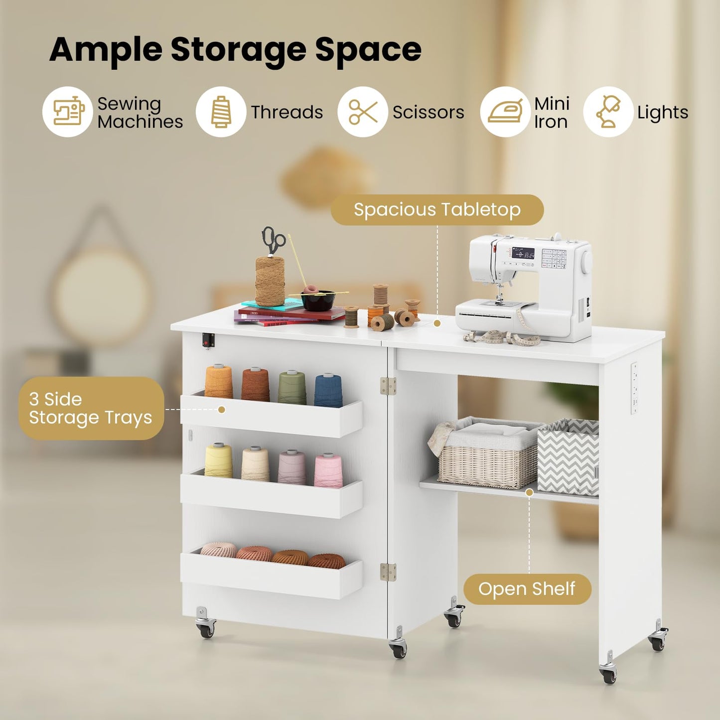 Giantex Folding Sewing Table with Charging Station, Rolling Craft Table with Storage Trays & Shelf, Foldable Sewing Machine Cabinet Desk with Lockable Wheels for Small Spaces (White)