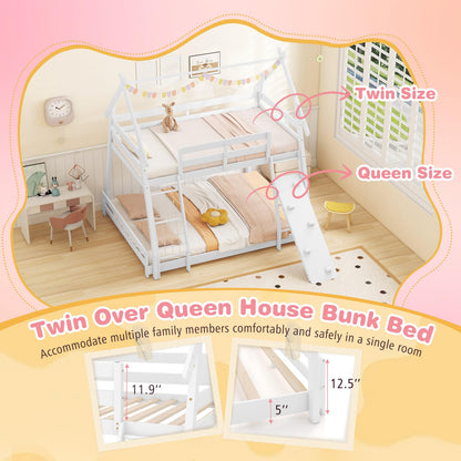 Giantex Twin Over Queen Bunk Bed, Wood House Bunk Bed for Kids with Climbing Nets and Ramp, Floor Queen Size Bunk Beds with Safety Guardrail, No Box Spring Needed, for Boys Girls Adults (White)